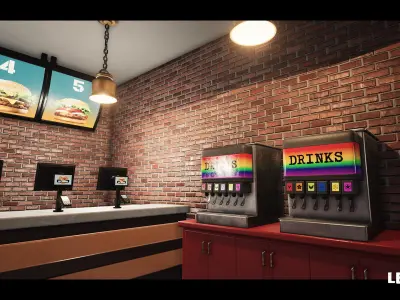 Burger Restaurant Cafe Building Interior Modular Low-poly 3D model