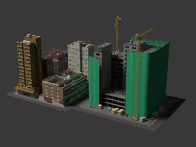 High Rise Construction Dual Tower Cranes Urban Site 3D Model Low-poly 3D model