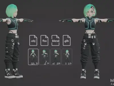 Anime-Style Sci-Fi Female Character with Animations Low-poly 3D model
