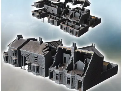 Set of three buildings with large bay windows and a backyard sur 3D print model