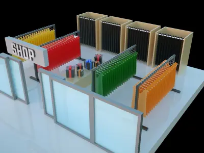 Low-poly isometric shopping mall floor clothes shop and a cafe Low-poly 3D model