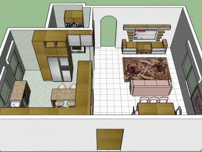 German style Kitchen with dining and living room plus LCD set 3D model