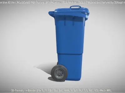 Plastic Waste Bin Blue 60 Liters 945x360x448 Low-poly 3D model