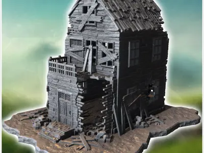 Collapsed two-story wooden structure with broken balcony damaged 3D print model