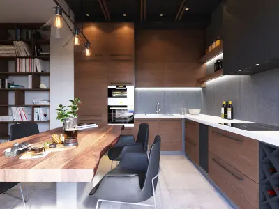 Wooden Kitchen And Living Room 3D model