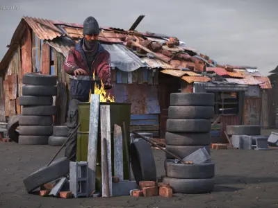  Abandoned Lot Fire Barrel With Man And Debris 