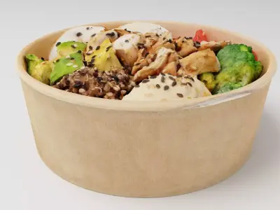 Poke bowl lunch with eggs chicken avocado tomatoes rice chuka  3D model