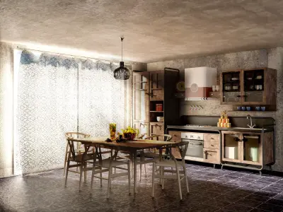 Rustickitchen kitchen with wooden floors and tiled walls 3D model
