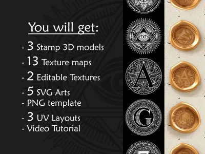 Customizable 3D Wax Seal Stamp Pack Low-poly 3D model