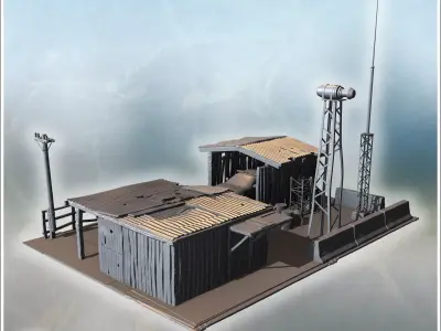 Small industrial complex with corrugated metal roofs water tower 3D print model