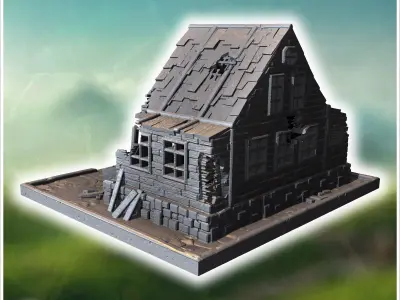 Wooden house with damaged roof broken stairs and scattered debri 3D print model