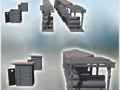 Group of wood sheds with logs stacked small wooden storage units 3D print model