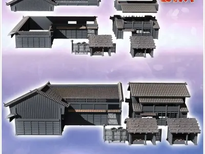 Set of two large Asian tiled roofed buildings with two market st 3D print model