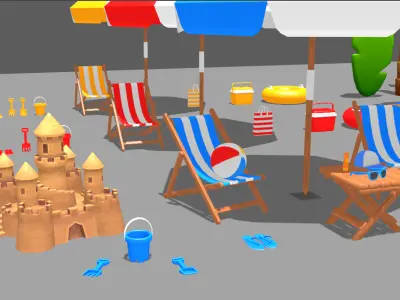 beach toys surfboard sunbath sand castle Viewing coconut trees Low-poly 3D model