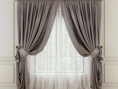 Curtain room with curtains and wooden floor 3D model