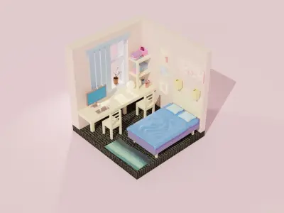Low-poly bedroom room with bed and desk Low-poly 3D model