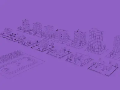 set of cartoon models of buildings Low-poly 3D model