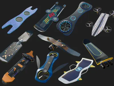 10 Sci Fi Hoverboards All PBR Unity UE Textures Included 3D Model Pack