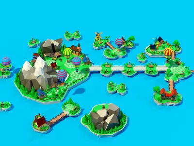 Cartoon sea village Low-poly 3D model
