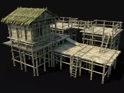 BAMBOO WATCHTOWER FORT SHELTER HOUSE TREE JUNGLE HUT SURVIVAL Low-poly 3D model