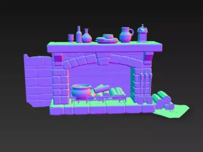 Medieval Stone Fireplace with Wooden Mantel - PBR Low-poly 3D model
