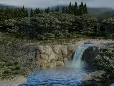 Lush green forest with waterfall and fog Low-poly 3D model