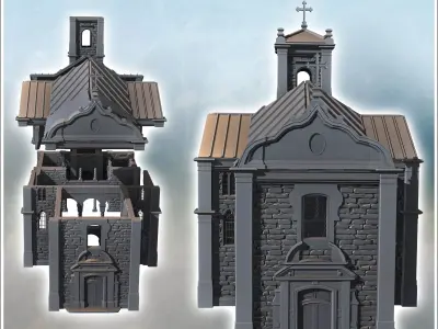 Modern Christian church with steeple stained glass windows and z 3D print model