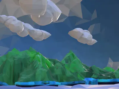 Green Waterfall Island Mountain Low Polygon Art 3D model