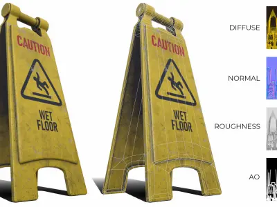Caution Wet Floor Safety Sign - Clean and Dirty Low Poly Low-poly 3D model