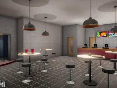 Fast Food Cafe - building with interior Low-poly 3D model