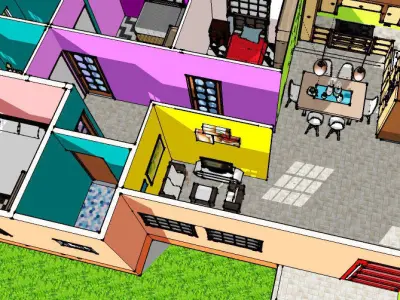 Interior room with bed and checkered floor 3D model