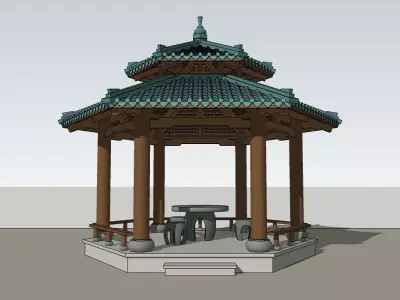 Traditional Asian Pavilion-Wooden Structure with Tiled Roof 3D model
