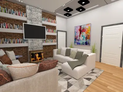 livingroom living room with fireplace and bookshelves 3D model