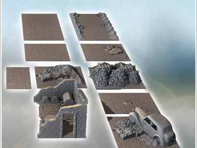 Set of urban ruins with debris car carcass and cobbled street 4  3D print model purchase