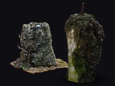 Old Remain Pillar Covered Moss Roots Beam Concrete Rustic Pole 3D model