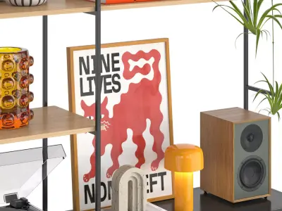 MOBA shelving  with mid-century decor and a vinyl turntable 3D model