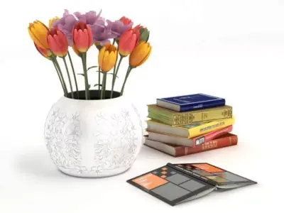 Home Decor   Books And Vase With Flowers 3D model
