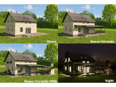 Modular Stone Country House  Veranda BBQ  Low-Poly Day Night Low-poly 3D model