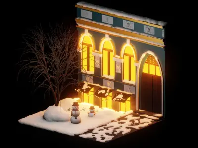 Night Snow Street City in Kiev Winter Light Scene Low-poly 3D model