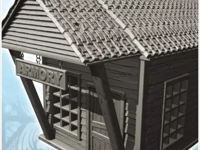 Medieval wooden armory with tiled roof and large entrance canopy 3D print model