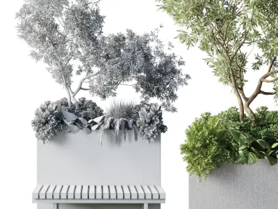 Urban Environment Urban Furniture Green Benches Plants and Tree  3D model