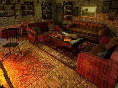 Cozy Stone Village House Room with Fireplace Free 3D model