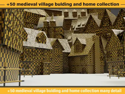 50 medieval village building and home collection white UV 3D model