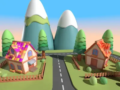 Cute Stylized Village Low-poly 3D model
