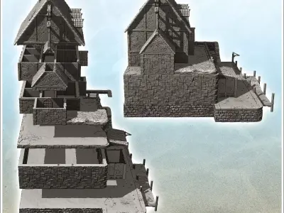 Large medieval building on stone platform with port 9 - Pirate J 3D print model