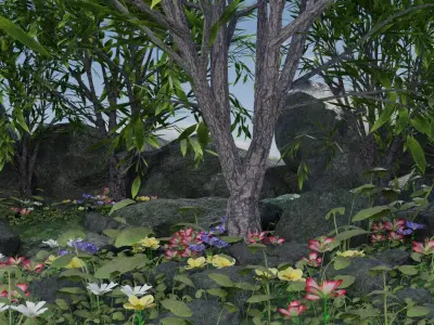 Scene garden with plants and rocks 3D model