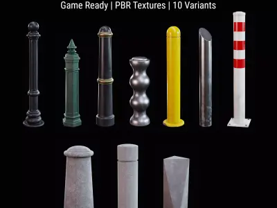 Urban Bollard Pack - Game Ready PBR Low-poly 3D model
