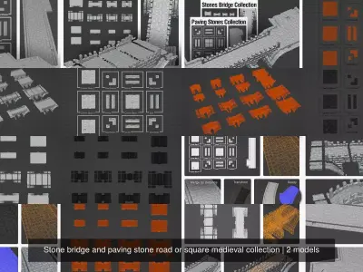 Stone bridge and paving stone road or square medieval collection 3D Model Pack