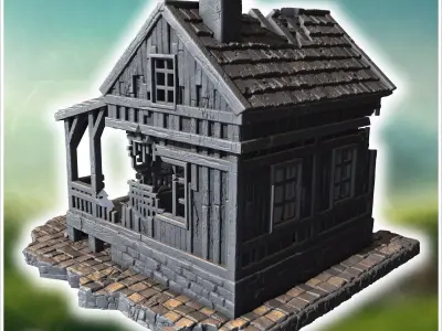 Wooden bar with a large porch broken windows damaged roof shingl 3D print model