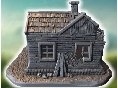 Single-story wooden house with broken windows damaged walls and  3D print model